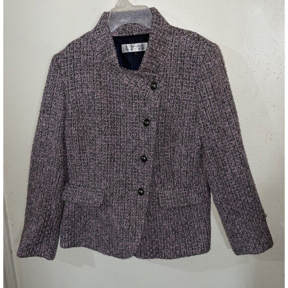 TAHARI by ASL Miliary Style Blazer Tweed Jacket Stand Collar Pink Grey  Size 10 - Picture 1 of 9